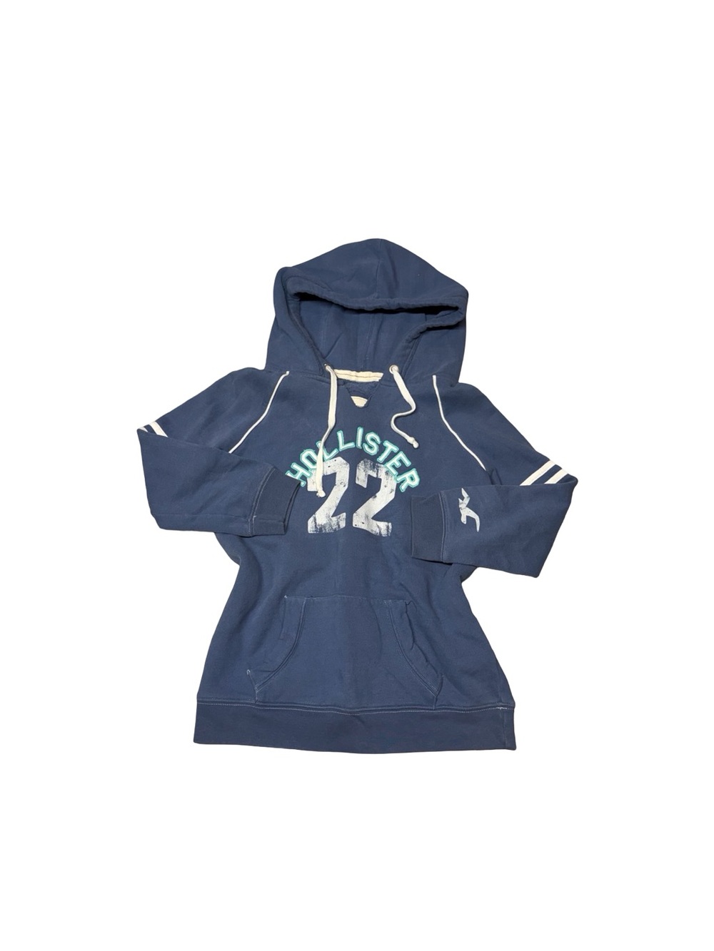 Y2K Hollister Navy Blue Graphic Hoodie with White & Teal Accents 3/4 sleeve